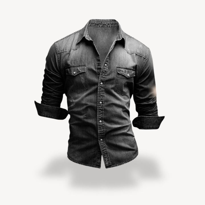 Black men's rugged western snap button shirt. Long sleeve casual top in a timeless style.