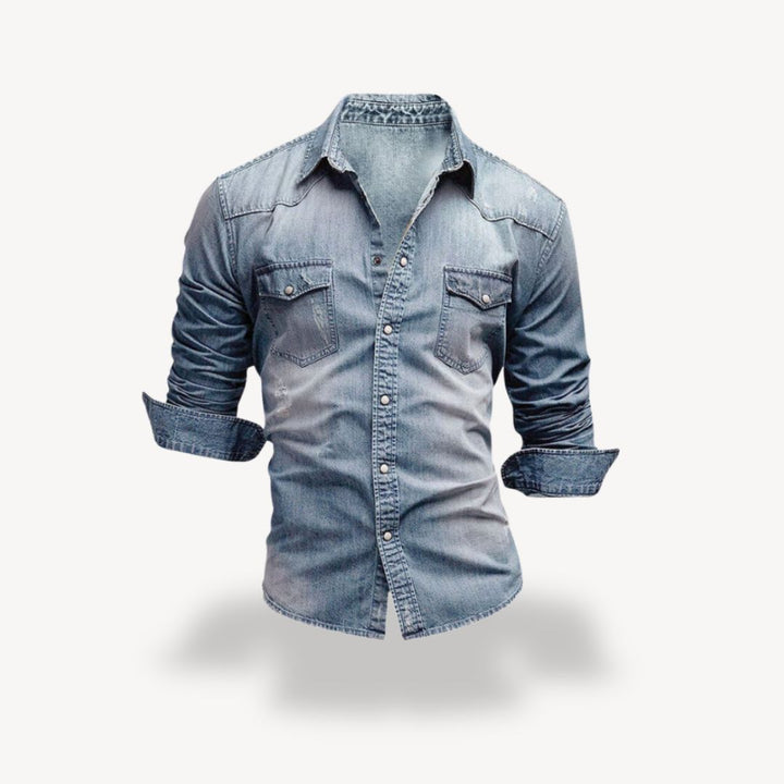 Light blue men's casual snap button western shirt. Long sleeve top with a rugged, classic appeal.