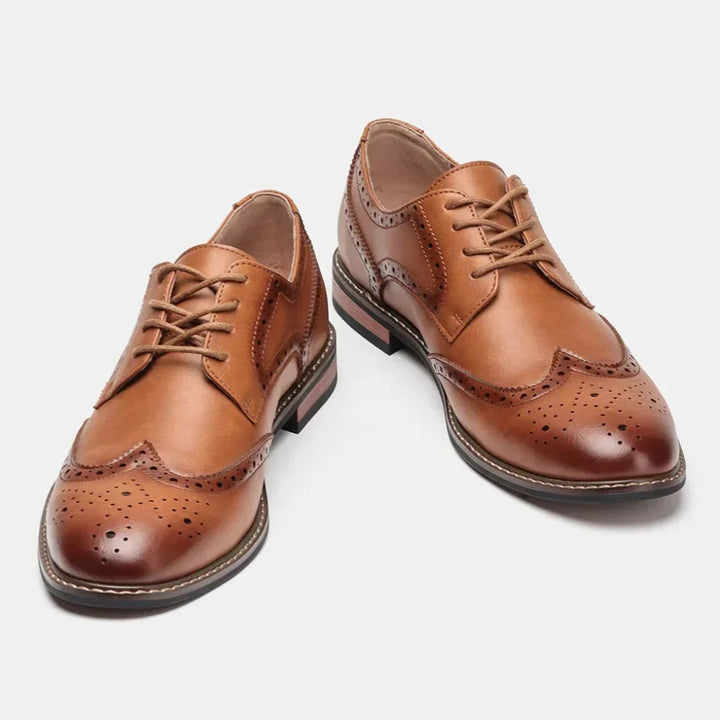 Stylish men's wingtip brogue dress shoes with lace-up closure, providing a professional look for gentlemen.