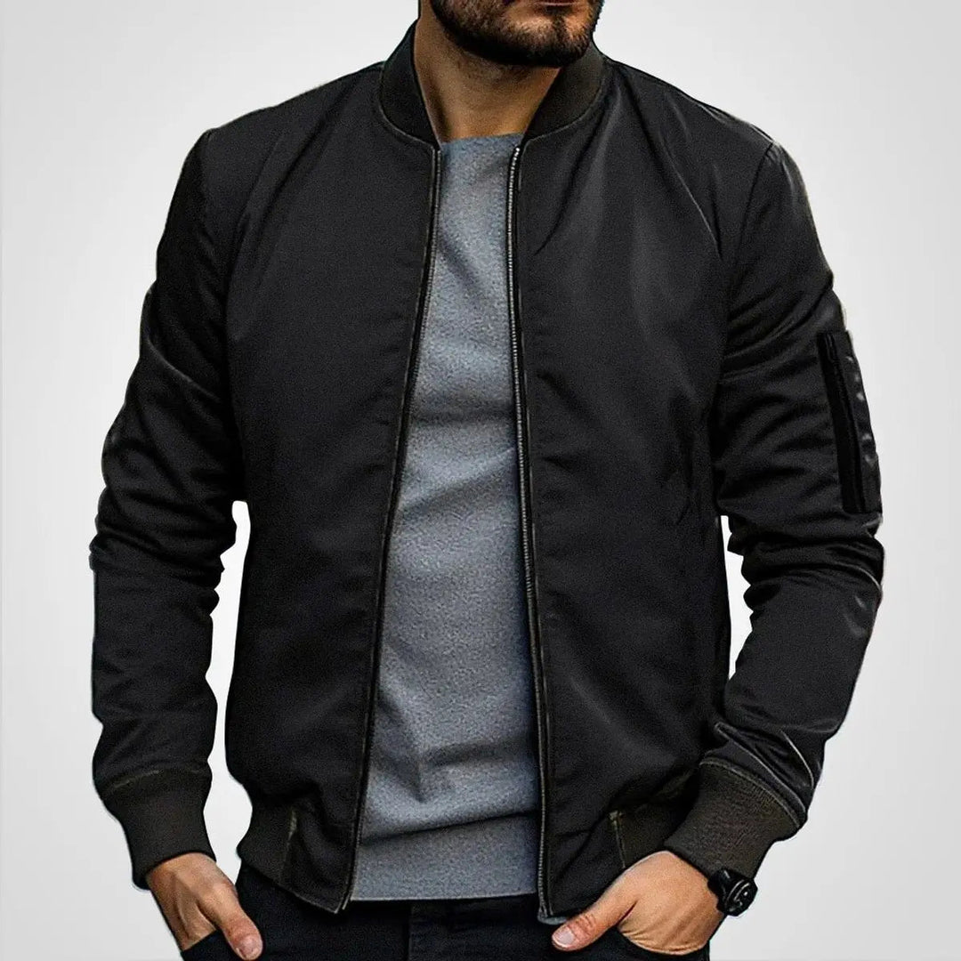 Men's classic zip-up bomber jacket with ribbed collar. Stylish flight jacket, perfect fall/spring casual outerwear.