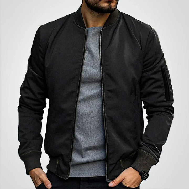 Men's classic zip-up bomber jacket with ribbed collar. Stylish flight jacket, perfect fall/spring casual outerwear.