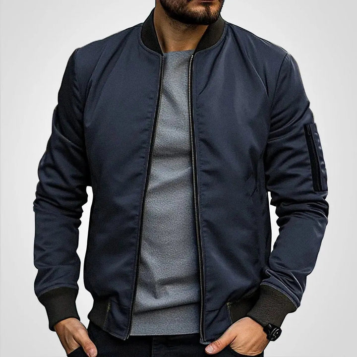Stylish men's flight jacket for casual everyday wear. Classic zip-up bomber, versatile men's outerwear fashion.