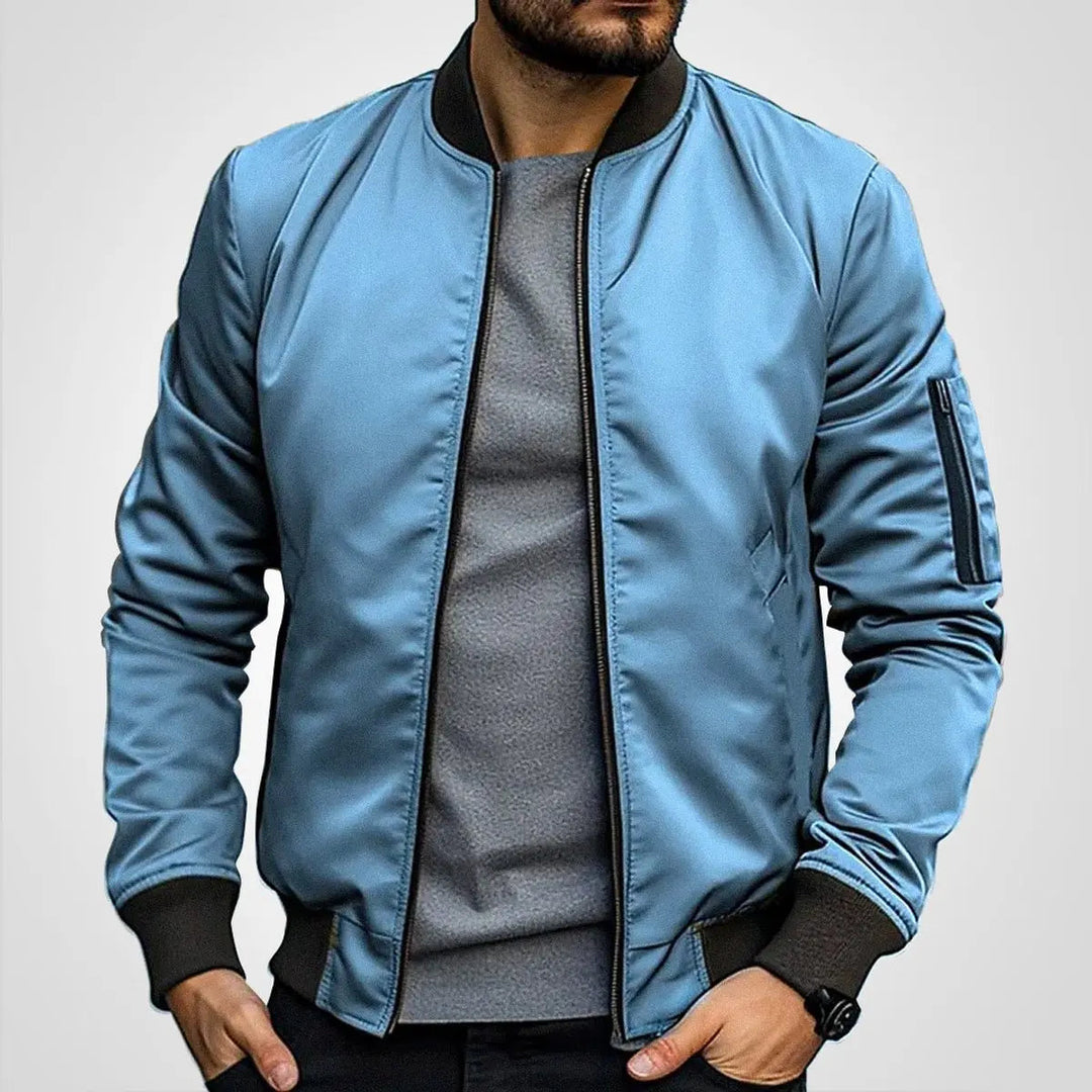 Men's outerwear: classic zip-up flight jacket. Stylish bomber for fall & spring, ideal for casual men's fashion.