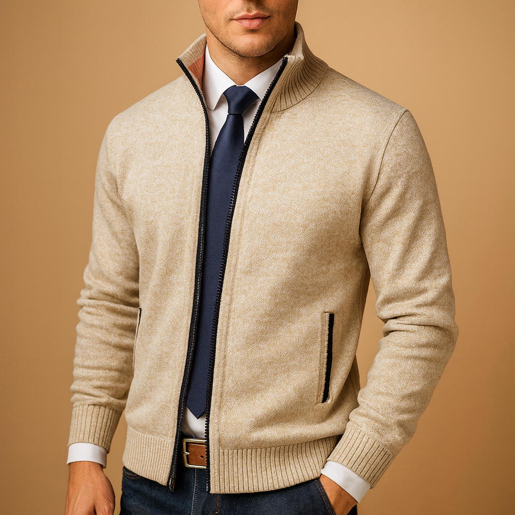 Men's classic zip-up cardigan in navy, a versatile layer for smart casual and everyday style.