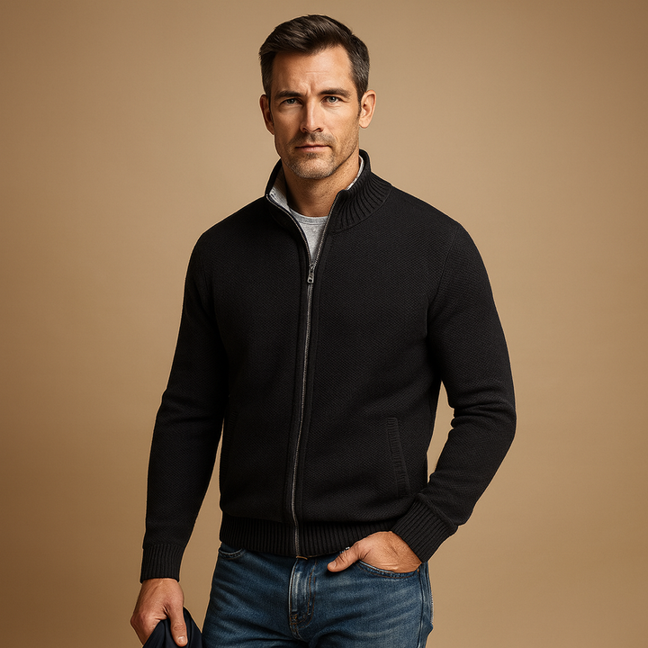 Sophisticated men's zip-up cardigan, a timeless smart casual sweater for versatile men's fashion.