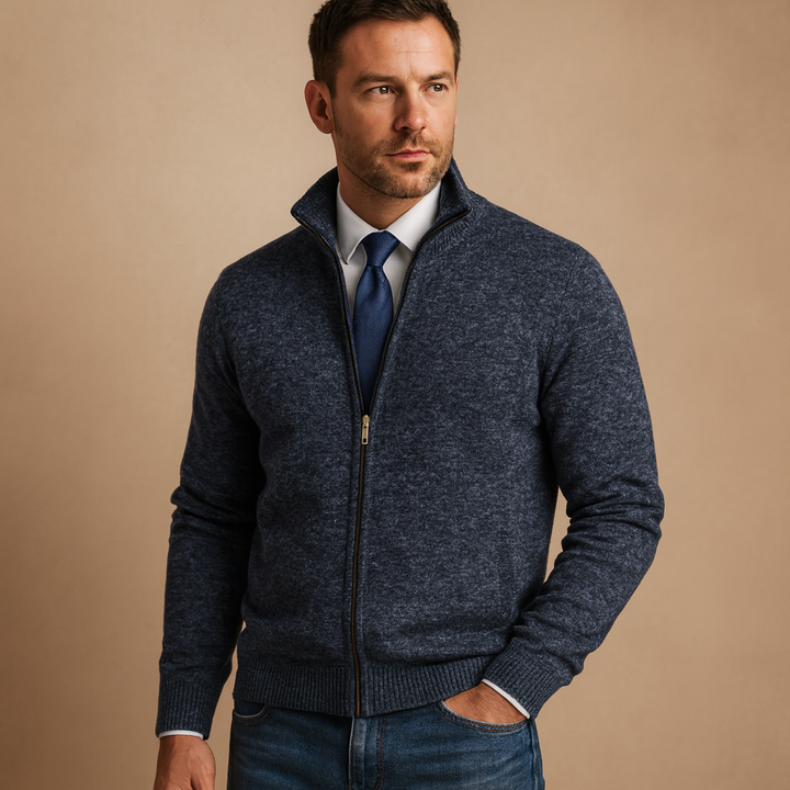 Classic men's zip-up cardigan, perfect for versatile everyday casual wear and sophisticated layering.