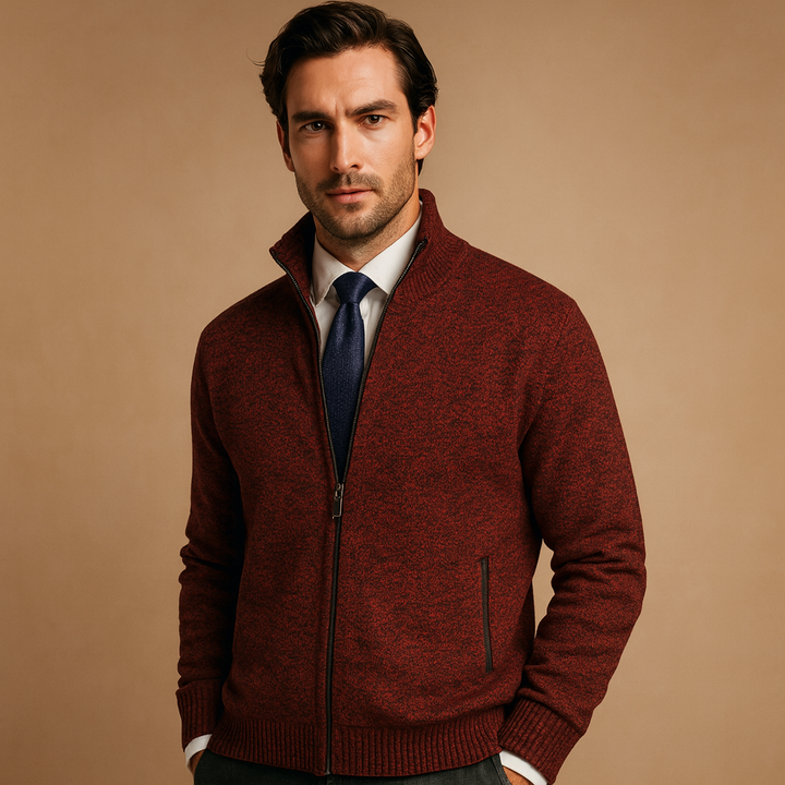 Timeless men's full zip cardigan, an essential long-sleeve sweater for smart casual & winter style.