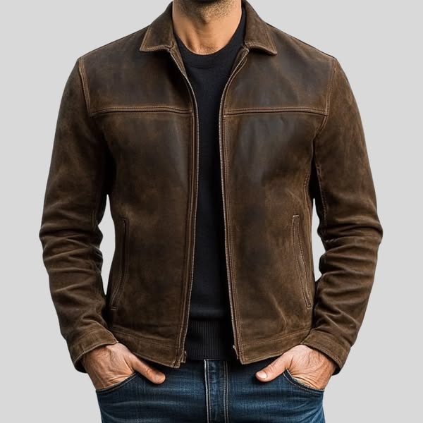 Stylish men's zip-up outerwear jacket with timeless design, perfect for casual fall outfits & comfortable wear.