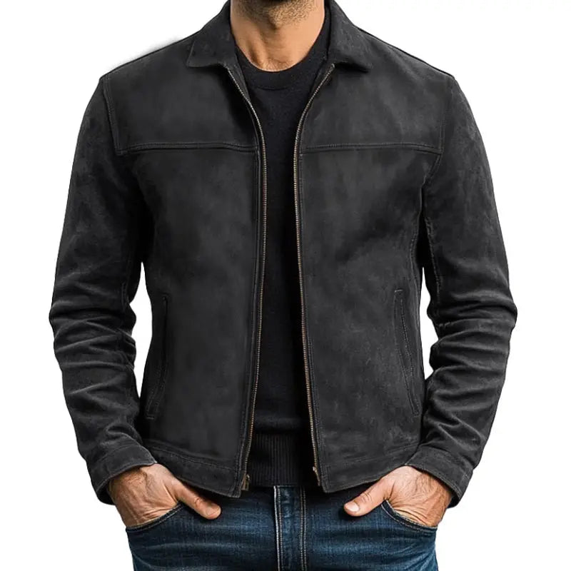 Black men's classic zipper jacket, a versatile outerwear piece with a modern fit for casual style.