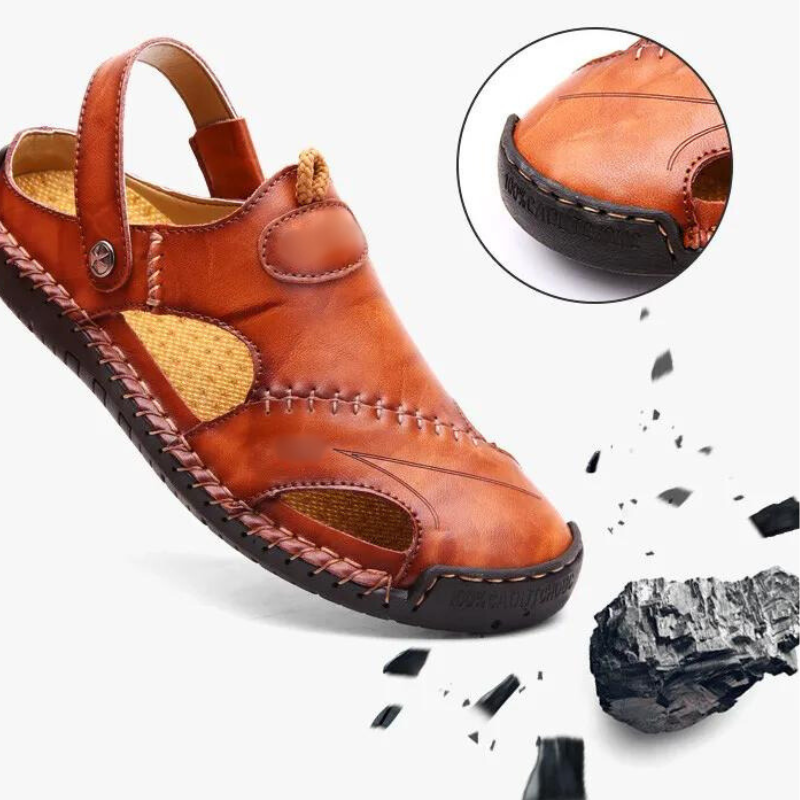 Anti-slip sole of men's closed-toe walking sandals. Durable, comfortable, perfect for outdoor summer activities.