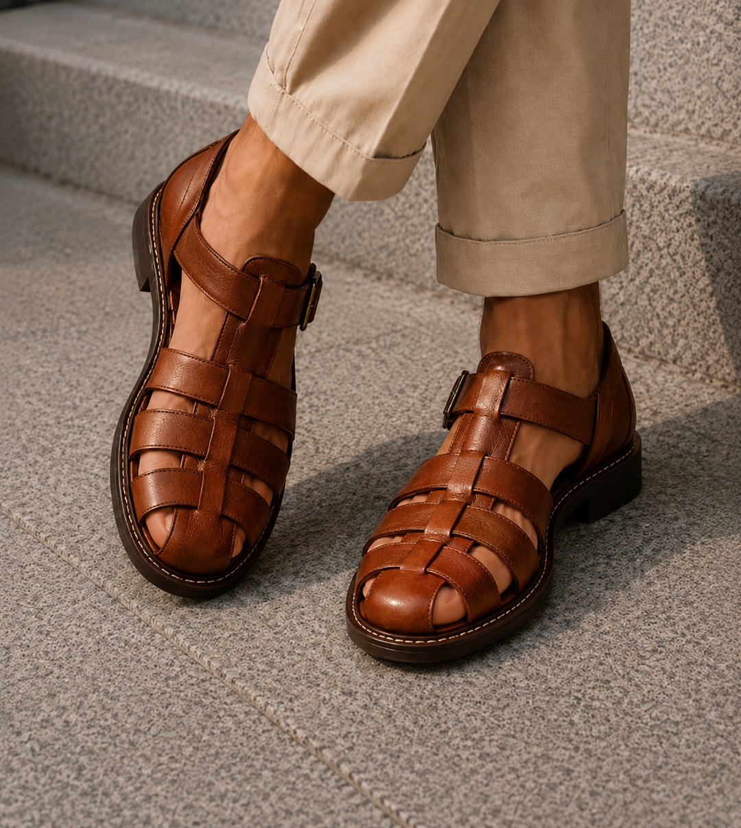 Protective men's closed-toe fisherman sandals, designed for summer comfort, walking, and outdoor use.