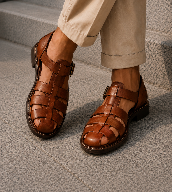 Protective men's closed-toe fisherman sandals, designed for summer comfort, walking, and outdoor use.