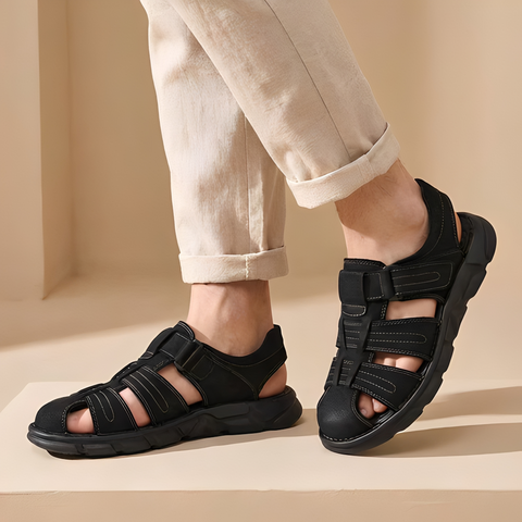 Casual men's closed-toe fisherman sandals, adjustable Velcro straps for secure fit & walking comfort.