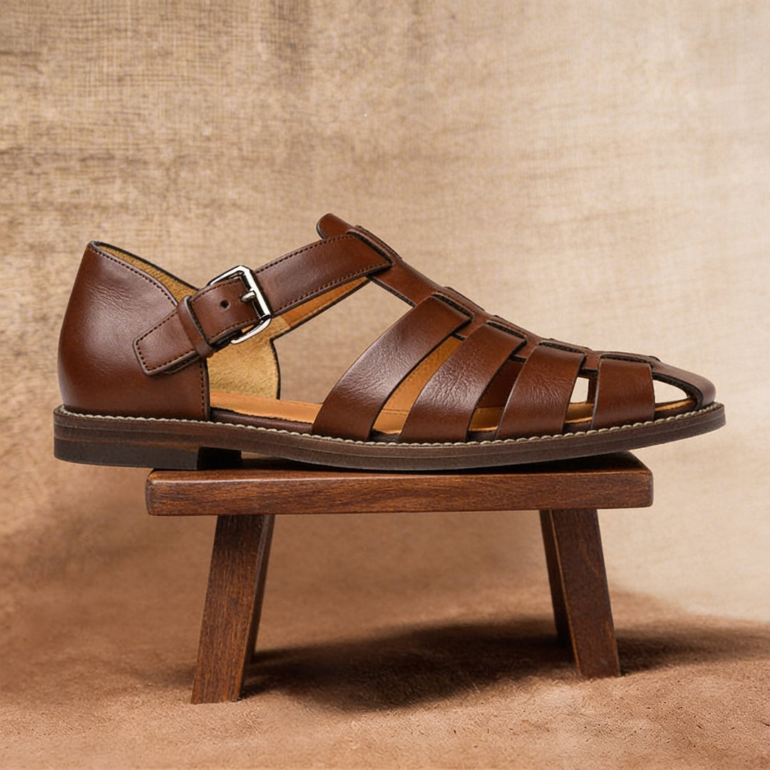 Front view of men's closed-toe fisherman sandals, emphasizing the protective toe and breathable woven design.
