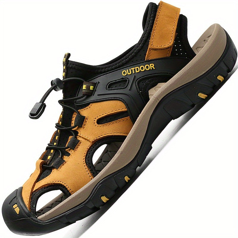 Men's closed toe hiking sandals for trail comfort. Adjustable outdoor footwear for rugged adventures.