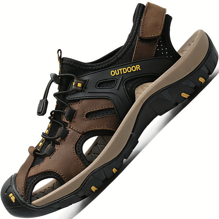 Rugged men's closed toe trail sandals, ideal for walking & summer outdoor adventures. Adjustable for comfort.