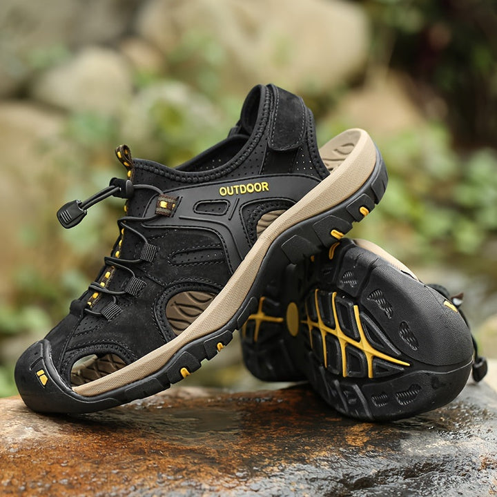 Men's adventure walking sandals with closed toe, suitable for summer outdoor activities. Adjustable for a custom fit.