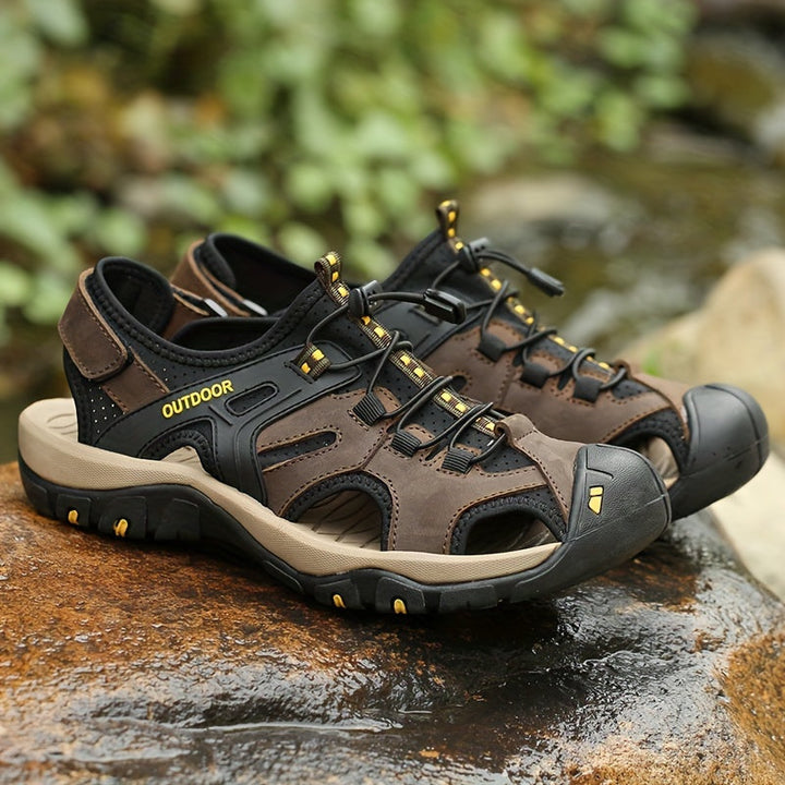 Adjustable men's closed toe trail comfort sandals. Protective outdoor footwear for active hiking.