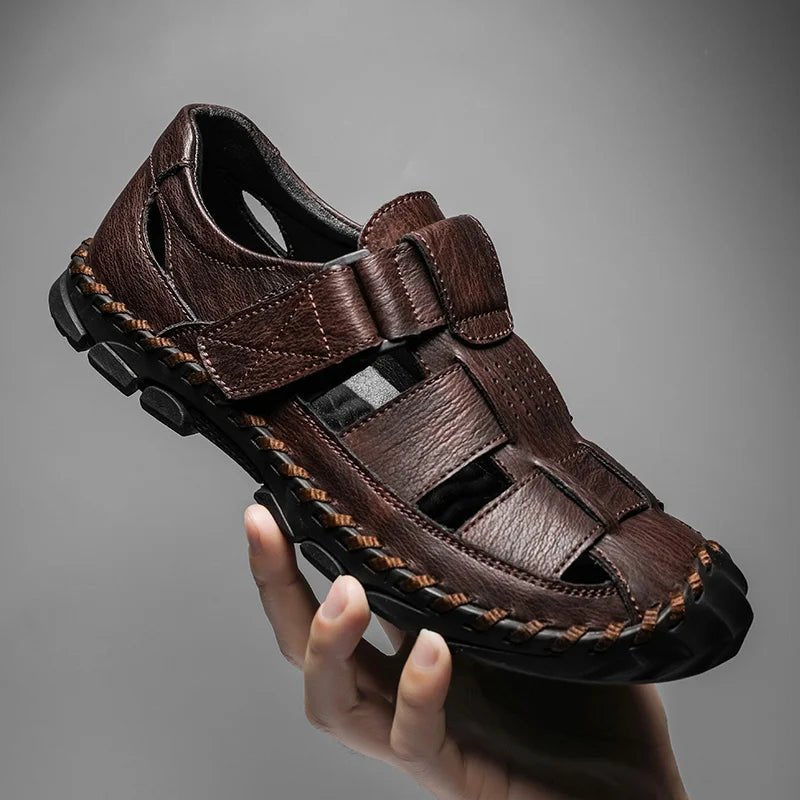 Men's closed-toe leather fisherman sandals with hook-loop closure for comfort & outdoor walking.