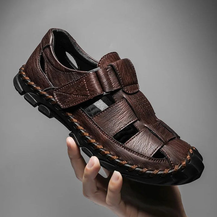Men's closed-toe leather fisherman sandals with hook-loop closure for comfort & outdoor walking.