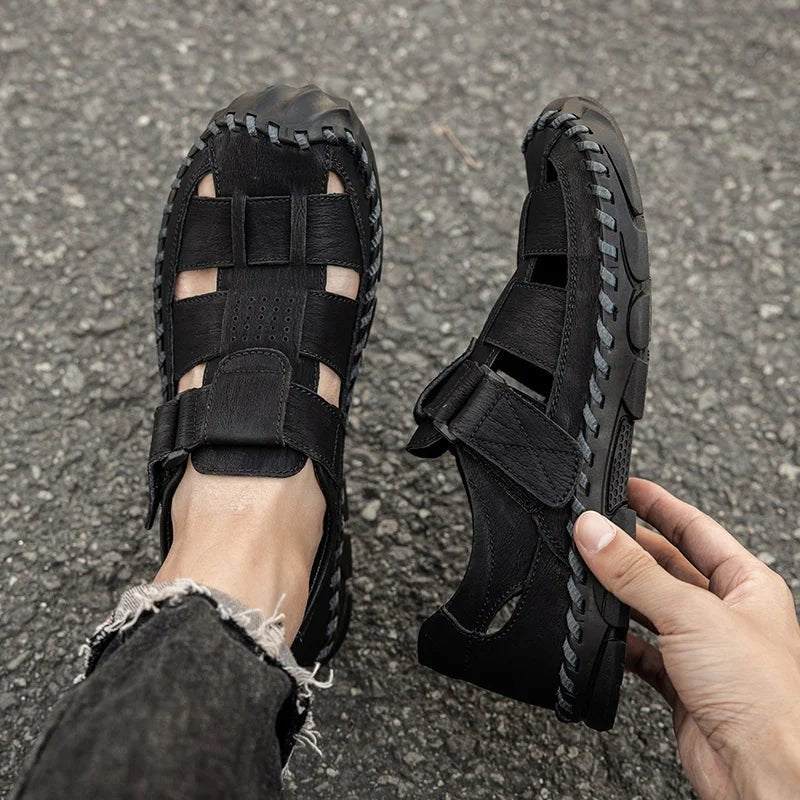 Premium leather men's closed-toe fisherman sandals, hook-loop comfort. Durable for outdoor walking & casual wear.