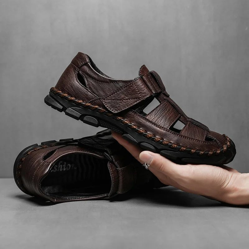 Gray men's comfortable leather fisherman sandals, closed-toe, hook-loop. Perfect for summer casual and walking.