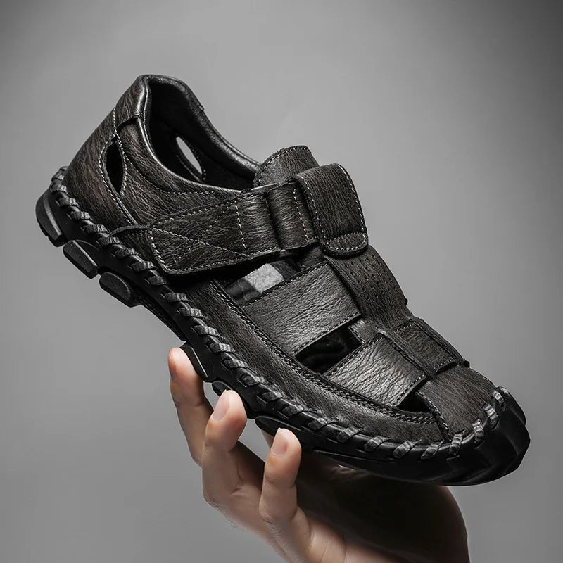 Comfortable men's closed-toe leather fisherman sandals with hook-loop strap for easy walking & outdoor wear.