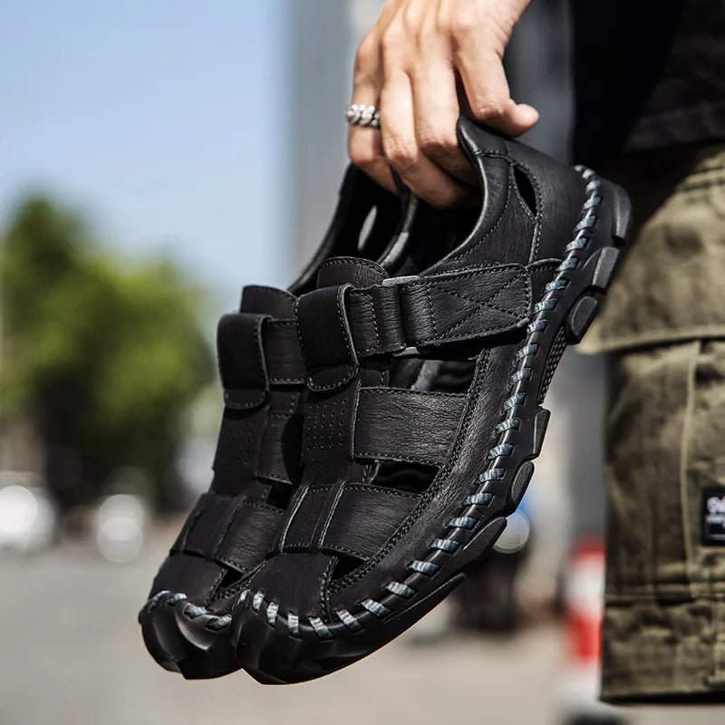 Casual men's leather fisherman sandals, closed-toe, hook-loop. Perfect summer shoes for outdoor walking & comfort.