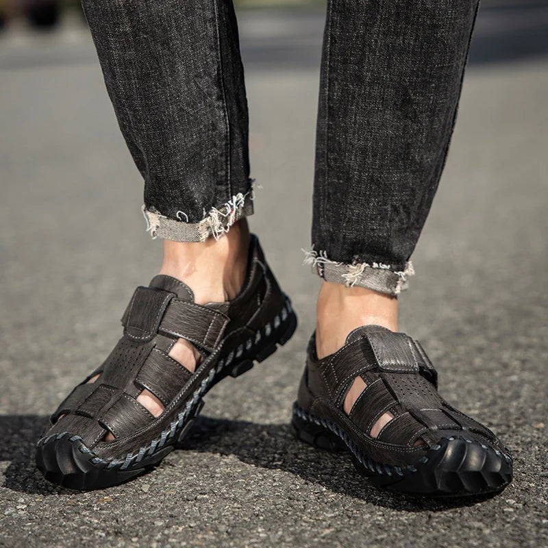 Men's walking leather fisherman sandals, closed-toe, hook-loop. Provides comfort & support for all-day outdoor wear.