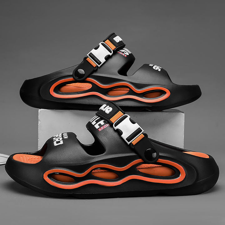 Stylish colorblock men's platform sandals. Breathable summer slides with adjustable strap, great for athletic comfort.