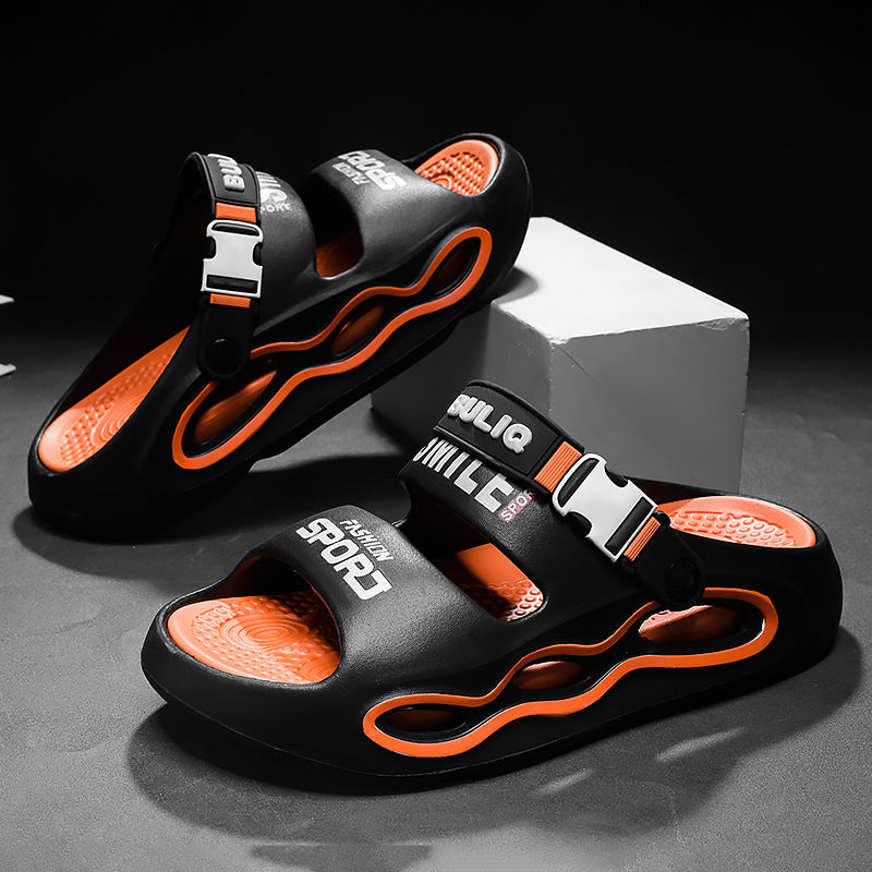 Fashionable men's colorblock platform sandals. Breathable summer slides with adjustable strap for versatile casual wear.