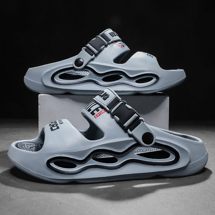 Comfortable men's colorblock platform sandals. Breathable summer slides with adjustable strap, perfect casual footwear.