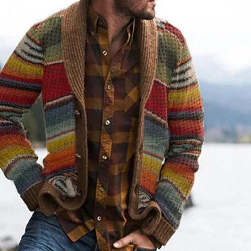 Men's colorful striped cardigan, relaxed fit. Perfect for casual fall and winter layering. Vibrant long sleeve sweater.