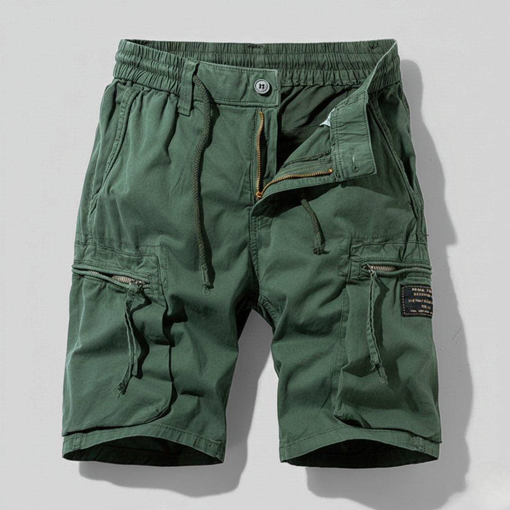 Man wearing comfortable combat cargo work shorts, perfect for utility tasks and active casual summer wear.