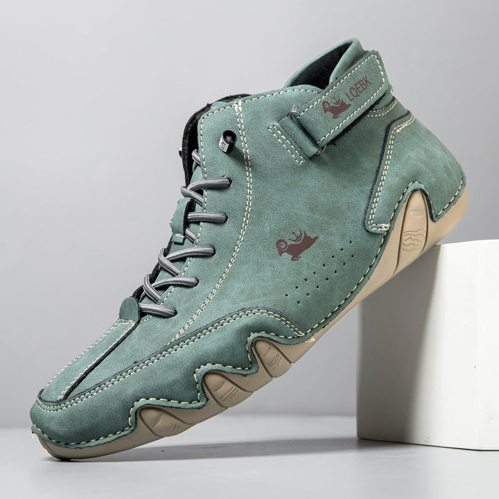 Men's brown walking shoes providing balance & orthopedic support for daily comfort & active wear.