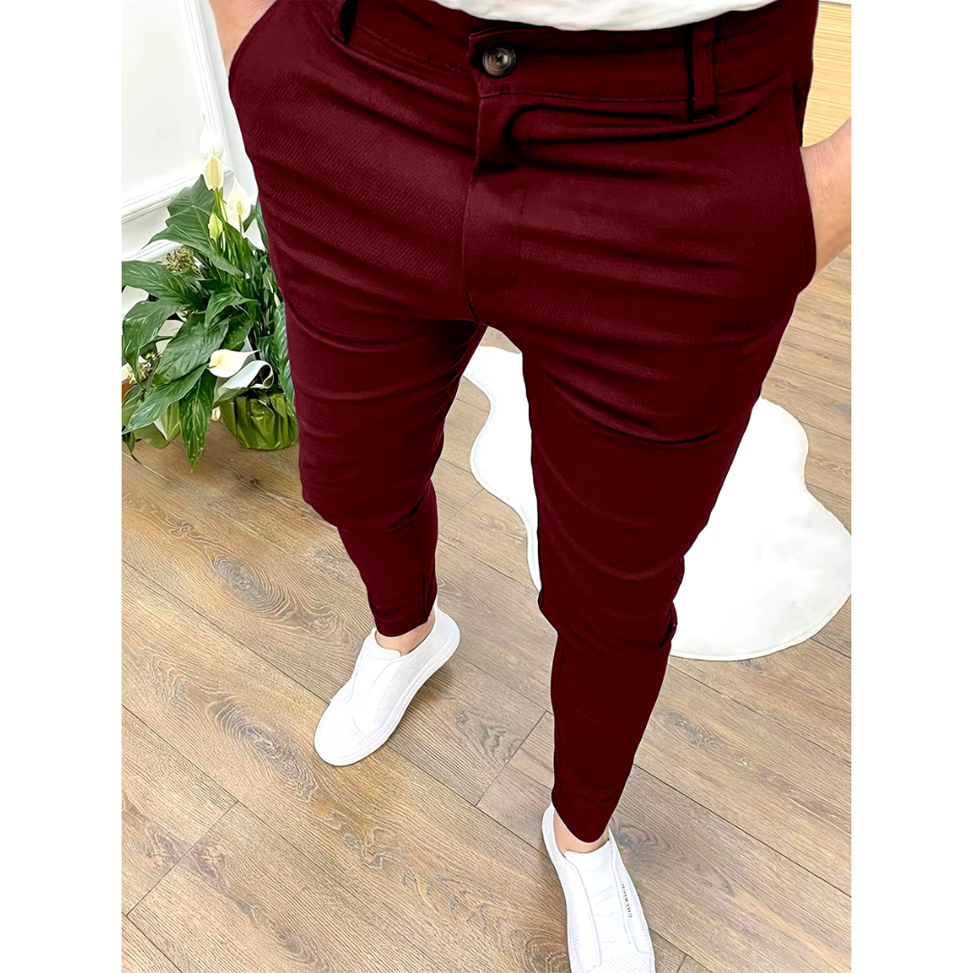 Versatile men's chino trousers, blending smart workwear with comfortable casual everyday style.