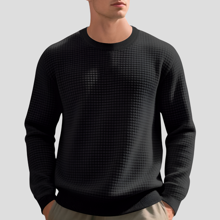 Stylish men's waffle knit sweater, a comfortable long sleeve pullover. Perfect casual knitwear for fall & winter layering.