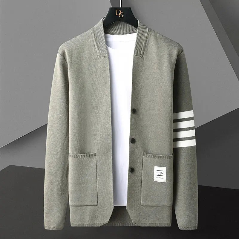 Men's comfortable button-up cardigan, perfect for versatile layering. Soft knit long sleeve menswear for smart casual style.