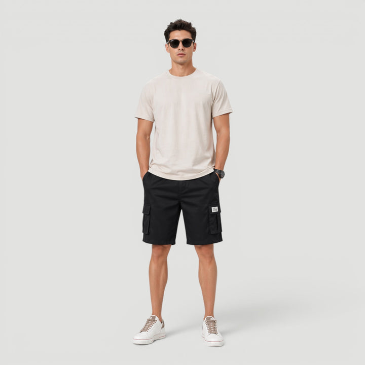 Casual men's drawstring cargo shorts, relaxed fit, perfect for summer comfort & utility in warm weather.