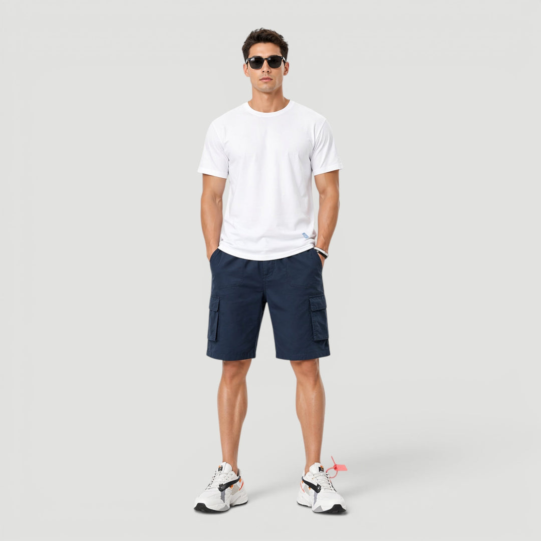 Relaxed fit men's comfortable cargo shorts, drawstring waist, side pockets, great for daily casual activities.