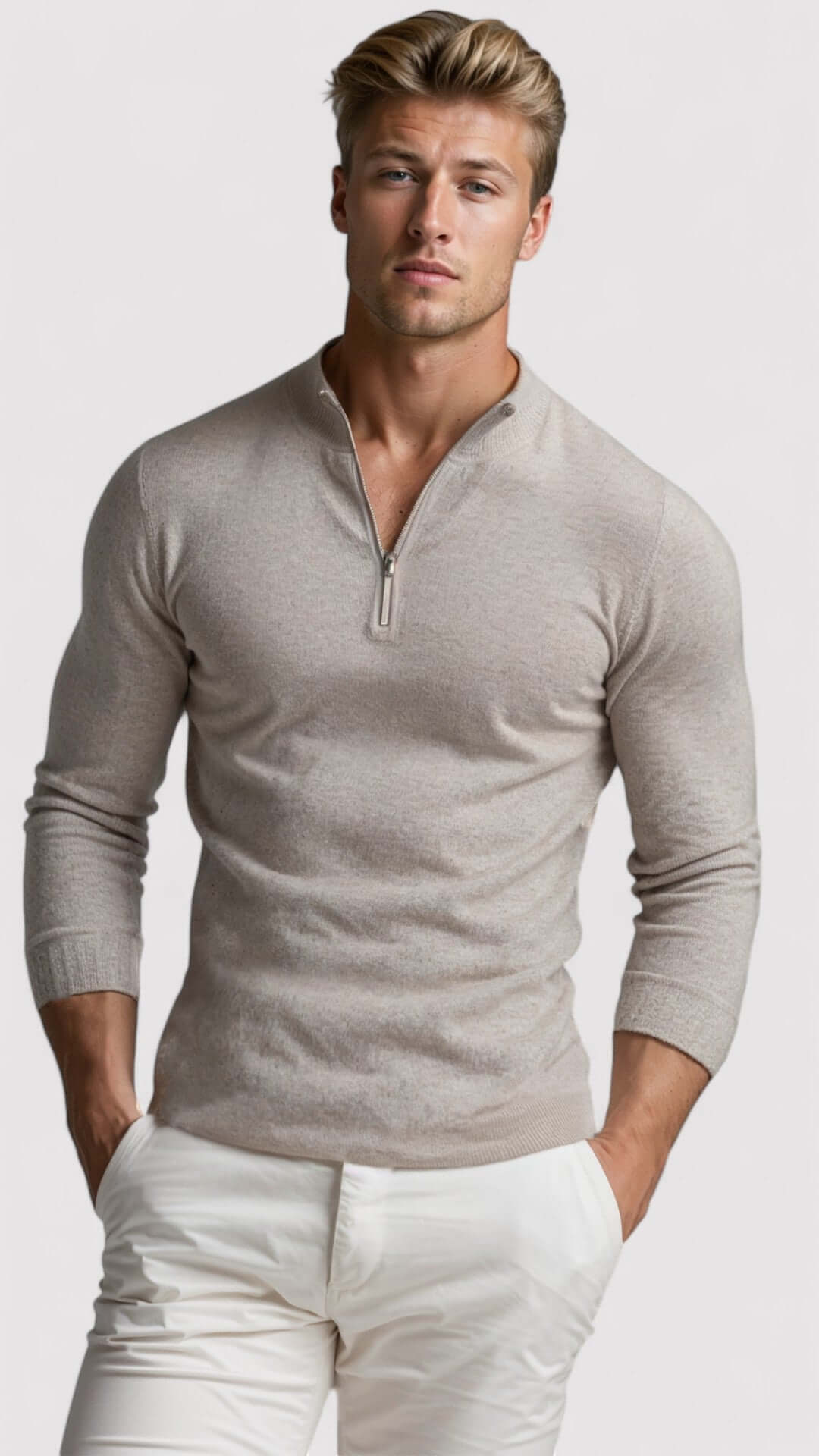Men's comfortable half-zip pullover sweater in a classic knit, perfect for casual everyday wear. Long sleeve top.