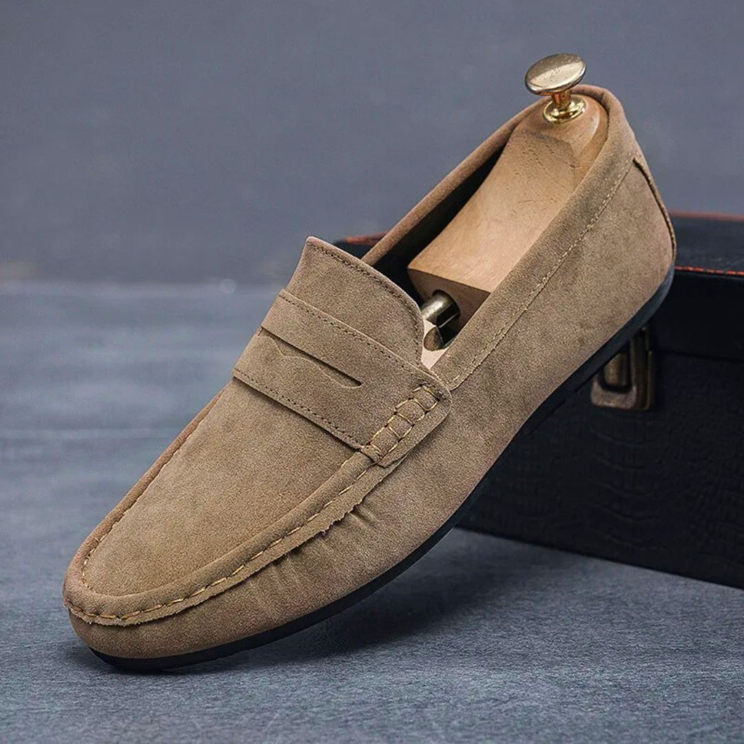 Men's comfortable khaki slip-on driving loafers, perfect for casual everyday wear.