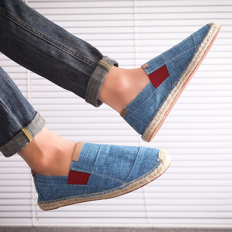 Side view of men's slip-on espadrilles. Breathable fabric & jute sole for comfortable, lightweight summer fashion.