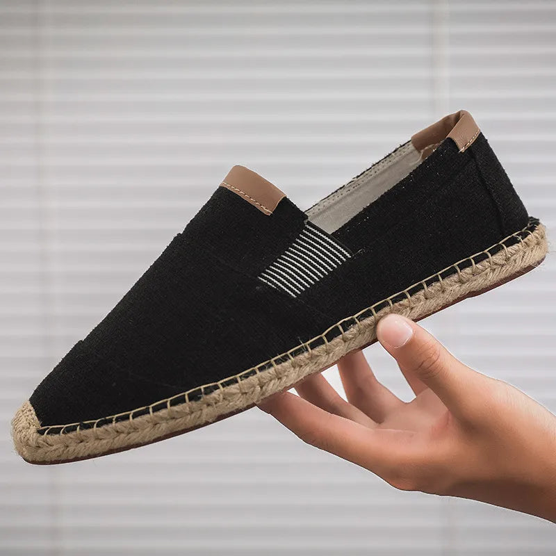 Man wearing stylish slip-on espadrilles, ideal casual footwear for summer holidays, beach walks & spring fashion.