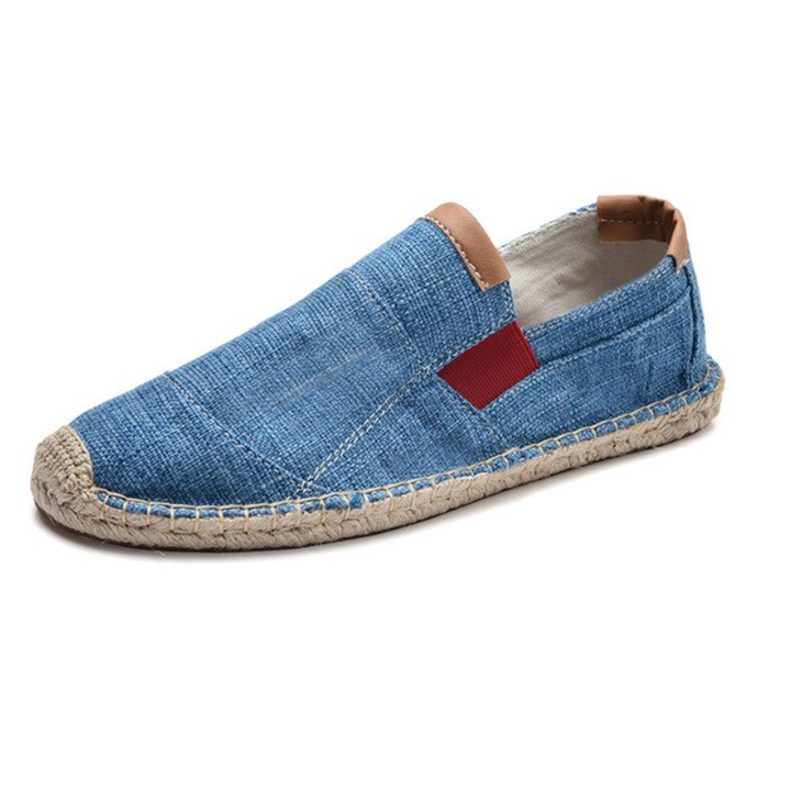 Close-up of men's espadrille shoes with detailed stitching, offering ultimate comfort for summer casual wear.