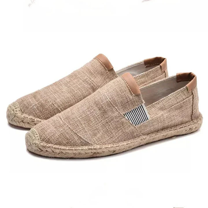 Back view of men's casual espadrille slip-ons. Jute rope sole for lightweight comfort, perfect for summer fashion.