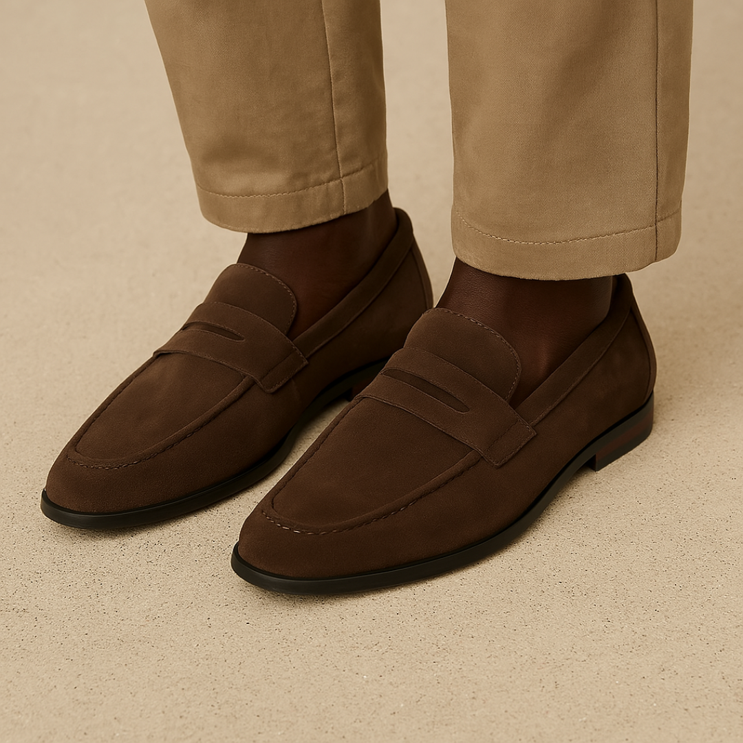 Stylish men's slip-on penny loafers, versatile for office, formal, and casual outfits. Comfortable footwear.