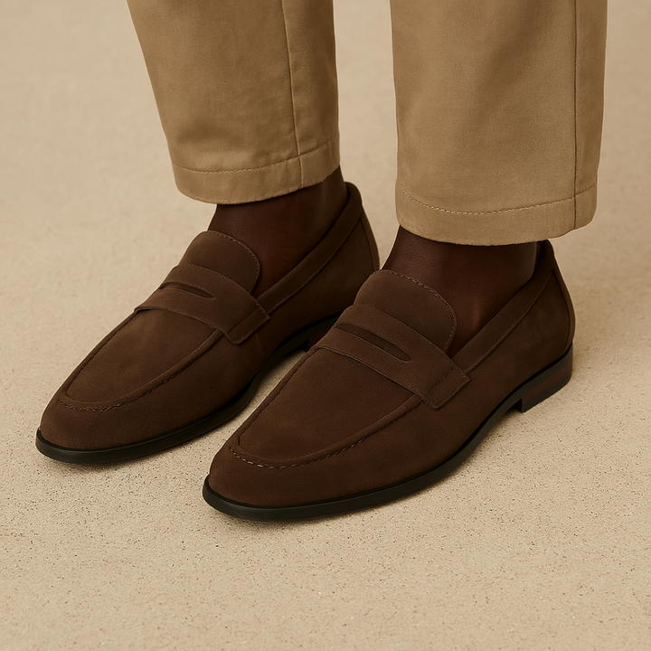 Stylish men's slip-on penny loafers, versatile for office, formal, and casual outfits. Comfortable footwear.