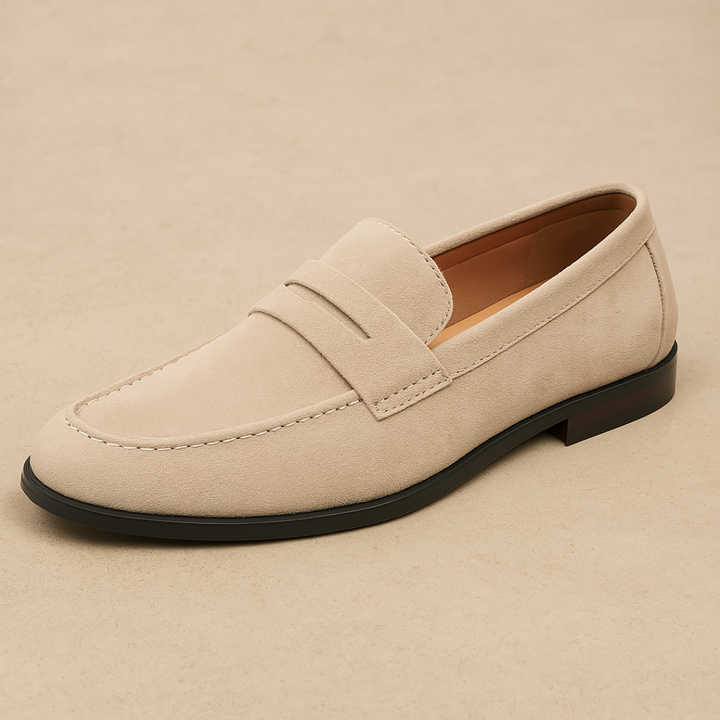 Premium men's penny loafers; comfortable slip-on dress shoes designed for versatile smart casual & office wear.