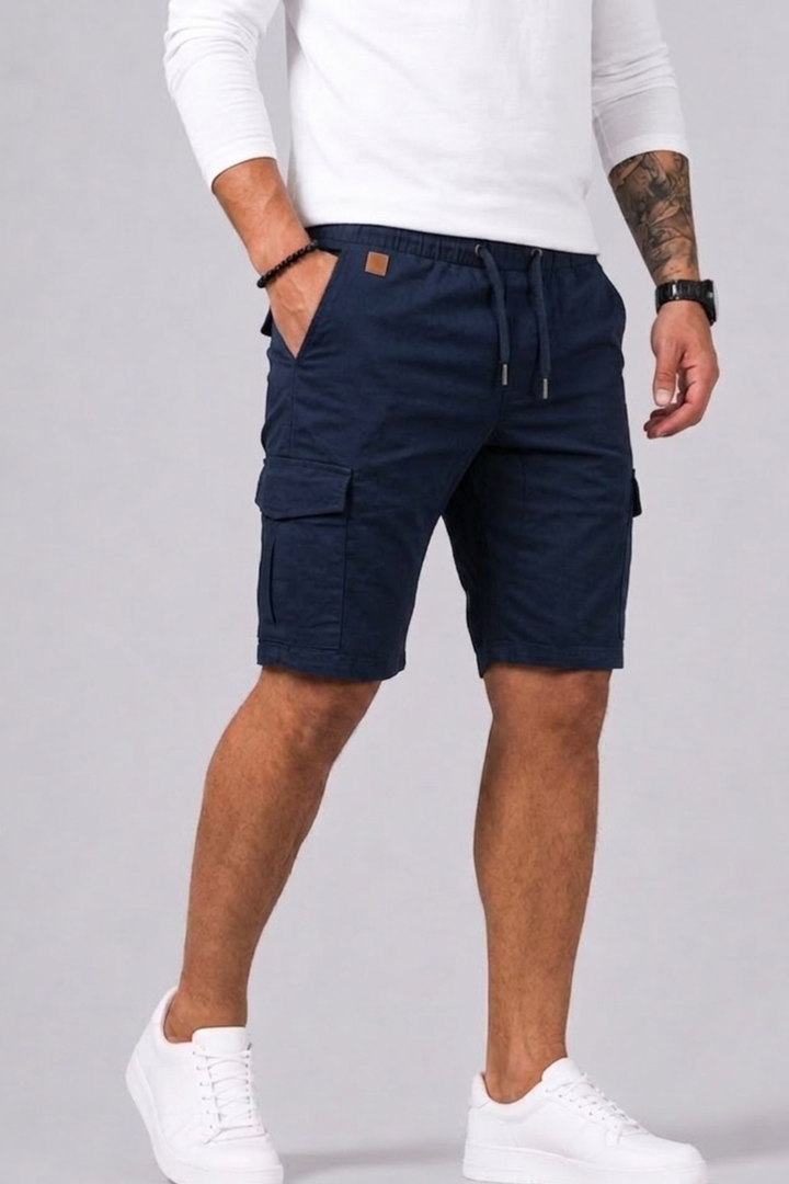 Versatile men's straight fit cargo shorts, elastic waist, great for travel, casual and active summer days.